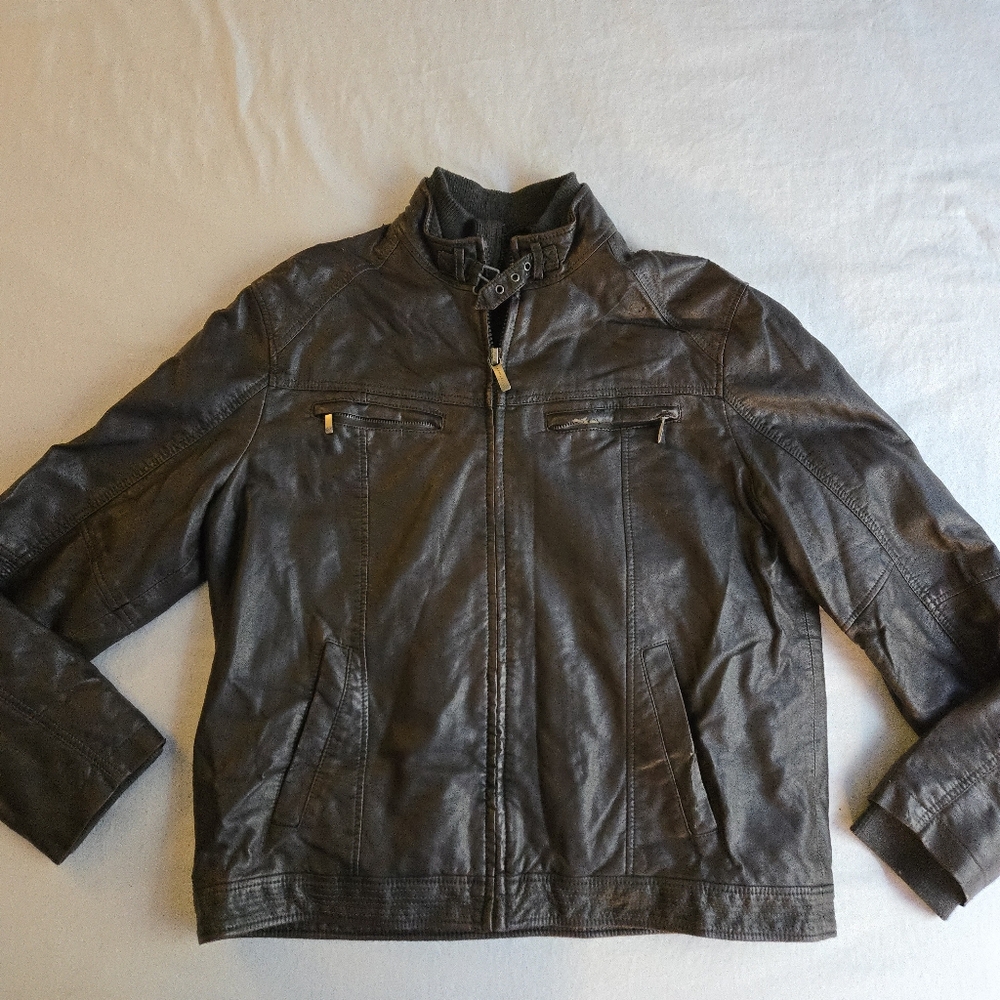 Perry Ellis Men's Dark Brown Faux Leather Bomber Jacket